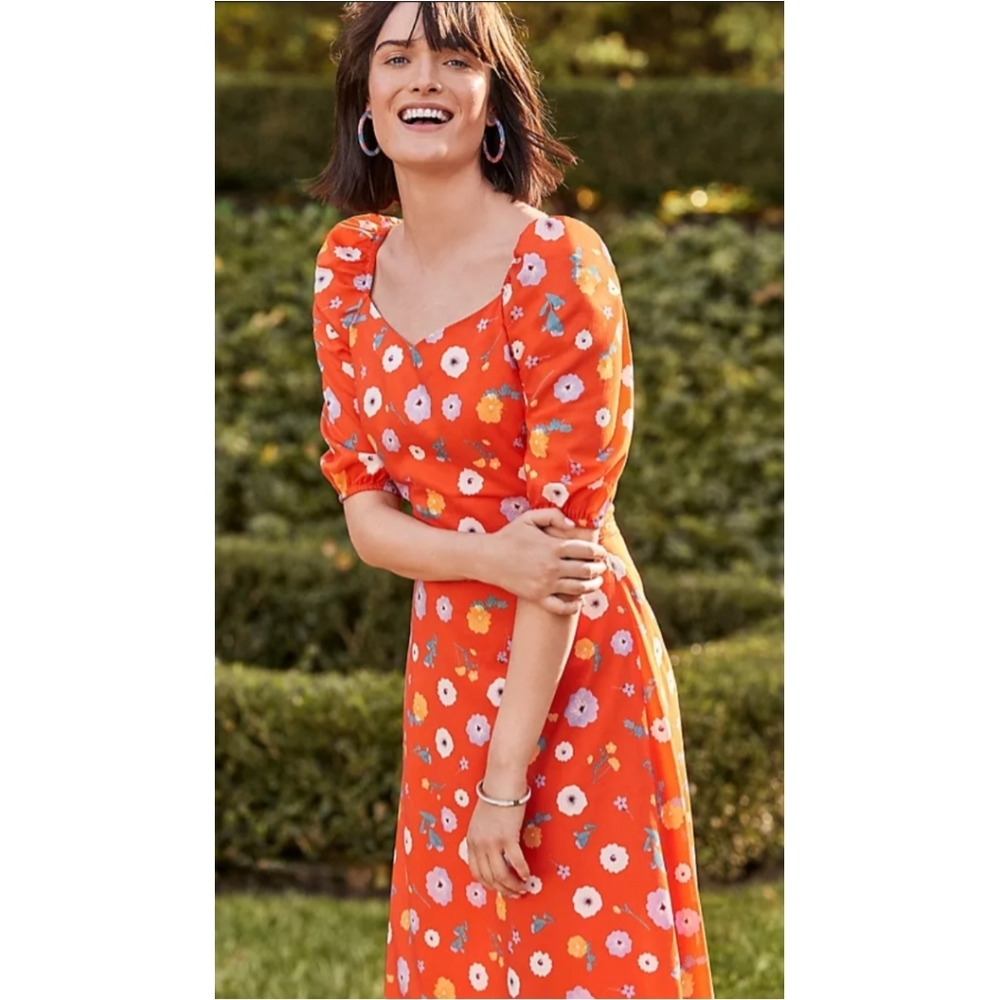 NEW Ann Taylor Orange Floral Puff Sleeve A Line Midi Dress Size 4
